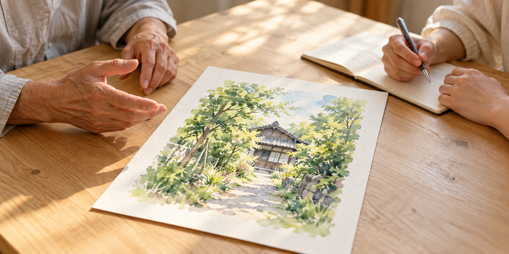 木造の家と緑の庭を描いた水彩画を机に置き、二人で見ながら一人がノートに書き留めている。