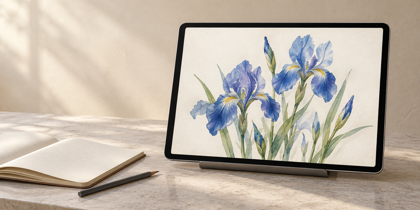 青いアイリスの画像を大きく表示したタブレットと、机上のノートと鉛筆