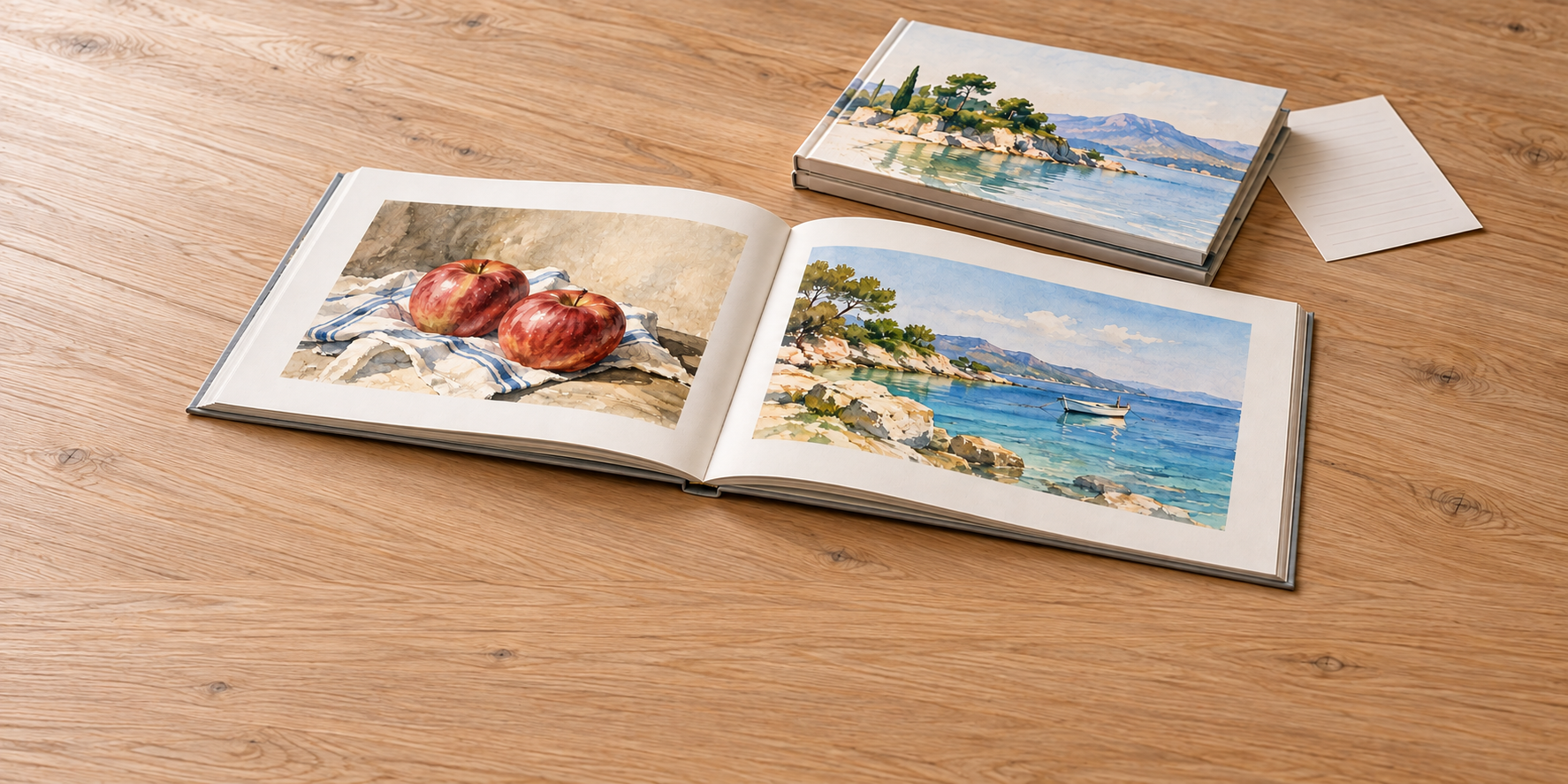 赤いりんごと海辺の水彩画を載せた作品集を開き、同じ形の閉じた二冊を机に重ねている。