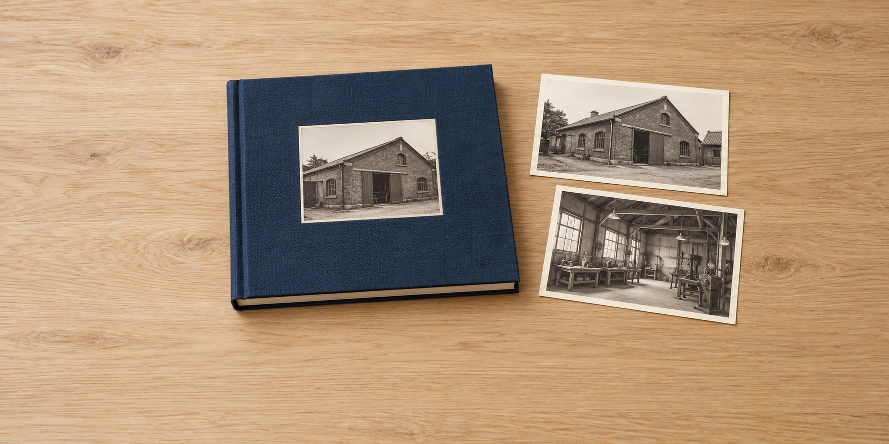 工場の写真を配した紺色の布張り冊子と、建物外観・作業場の二枚の写真を木の机に並べている。
