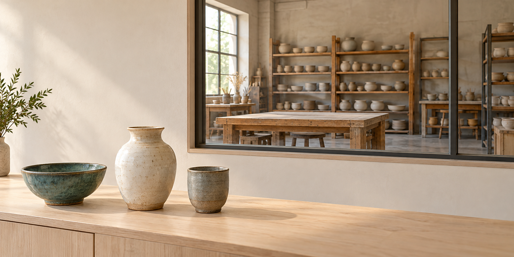 展示台に並ぶ青緑の鉢と白い花器、灰色のカップ、その奥のガラス越しの作業場