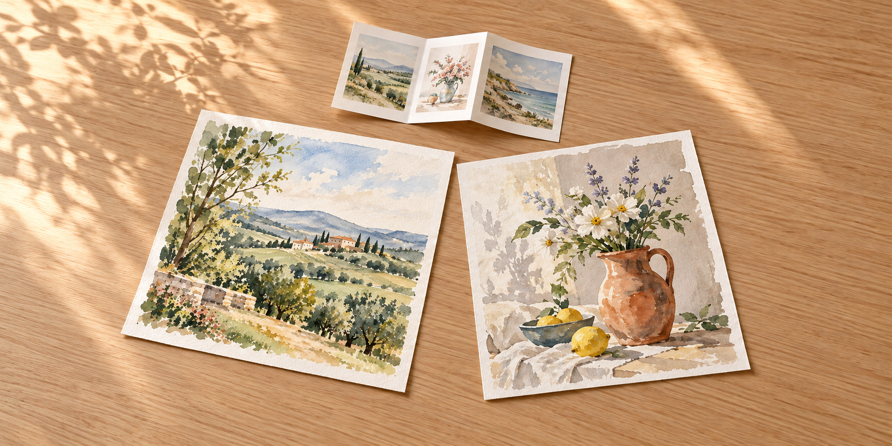 風景と花の水差しを描いた二枚の水彩画、その上の三つ折り案内