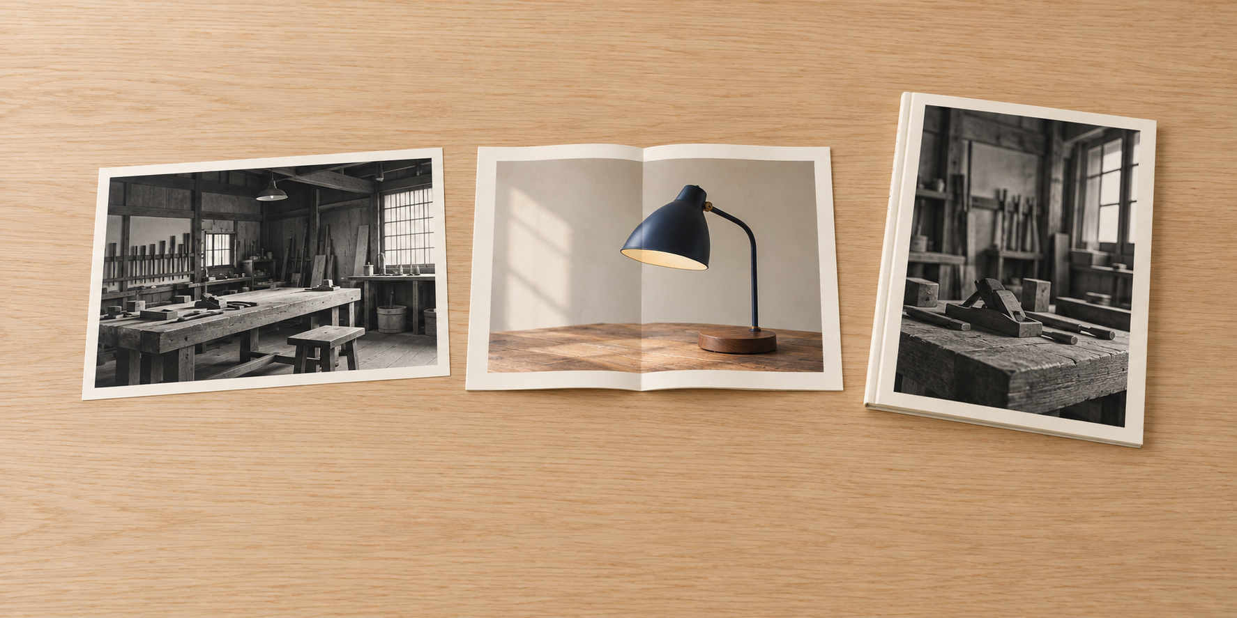 作業場の写真、卓上灯の製品案内、作業台の写真を表紙にした小冊子を木の机に並べている。