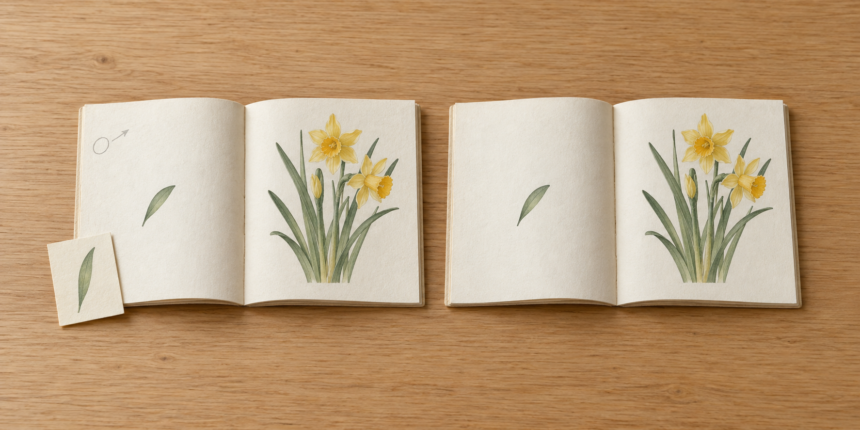 花と葉の図版がある二冊を開き、左の冊子だけに鉛筆の印と葉を描いた付属紙を添えている。