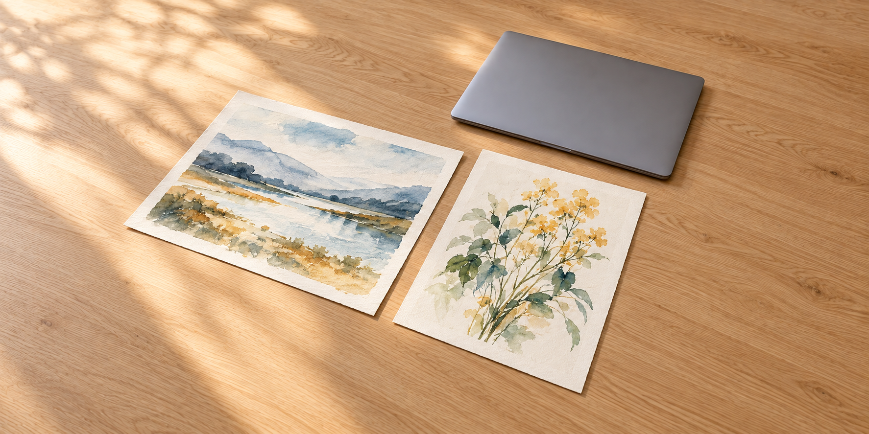 風景と植物の二枚の水彩画と、閉じた無地のパソコン