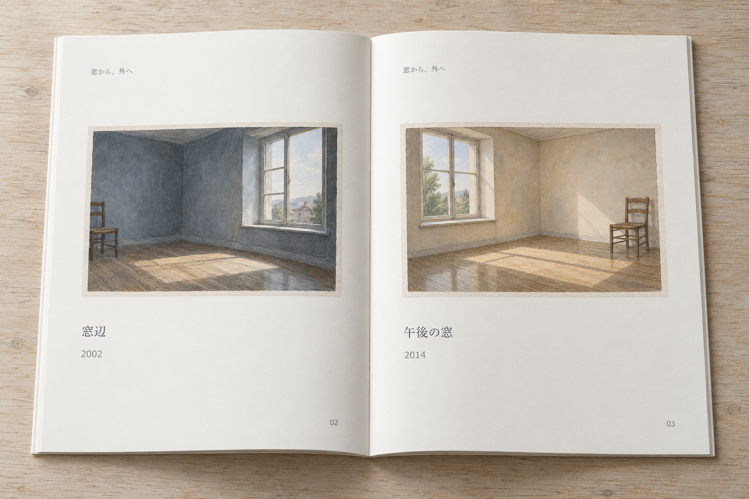 作品集『窓から、外へ』を開いた机上のイメージ。左に『窓辺』2002年、右に『午後の窓』2014年を配置した紙面案。