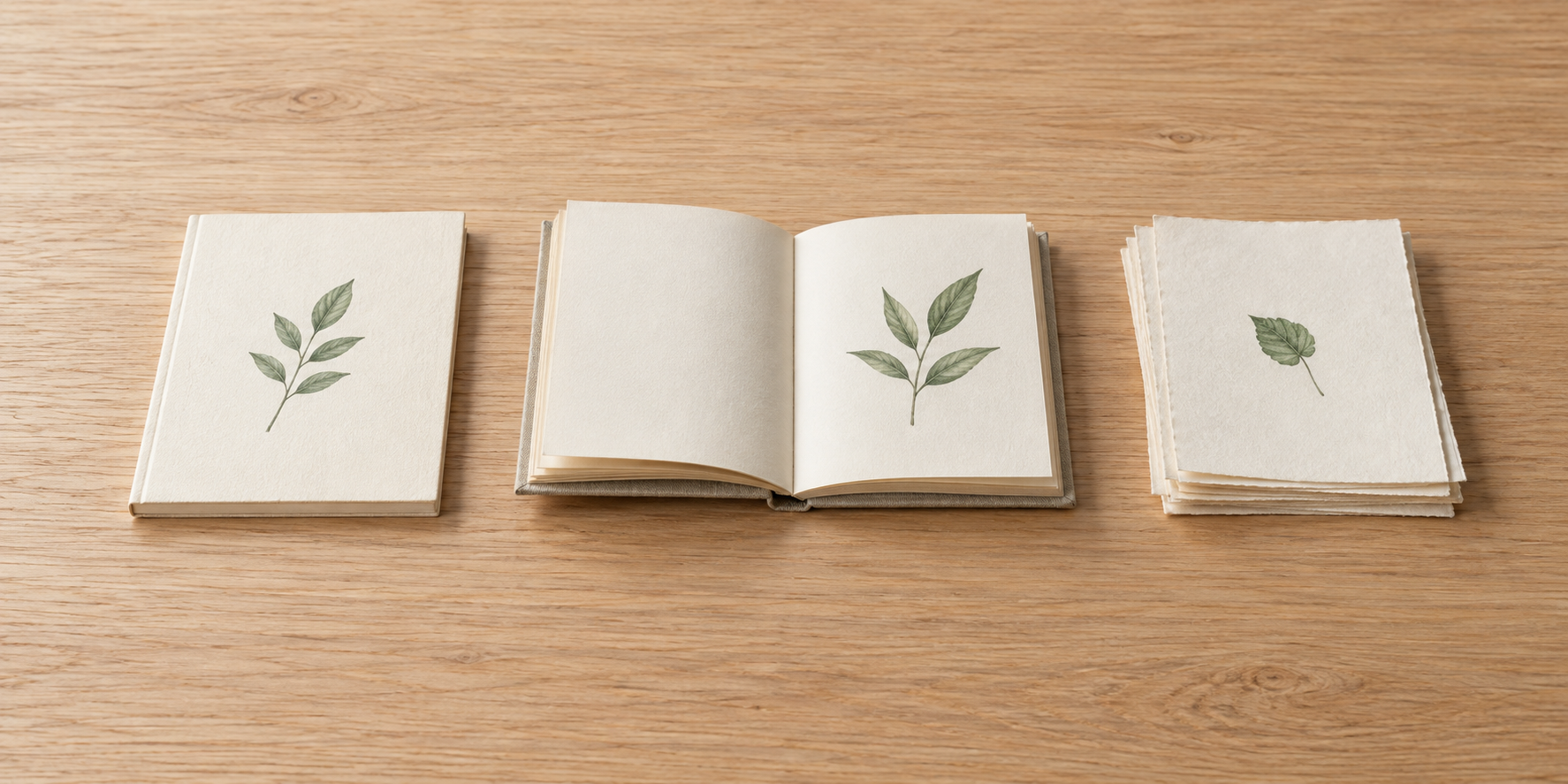 葉の図版がある閉じた冊子、開いたノート、ばらの紙の束を木の机に並べている。
