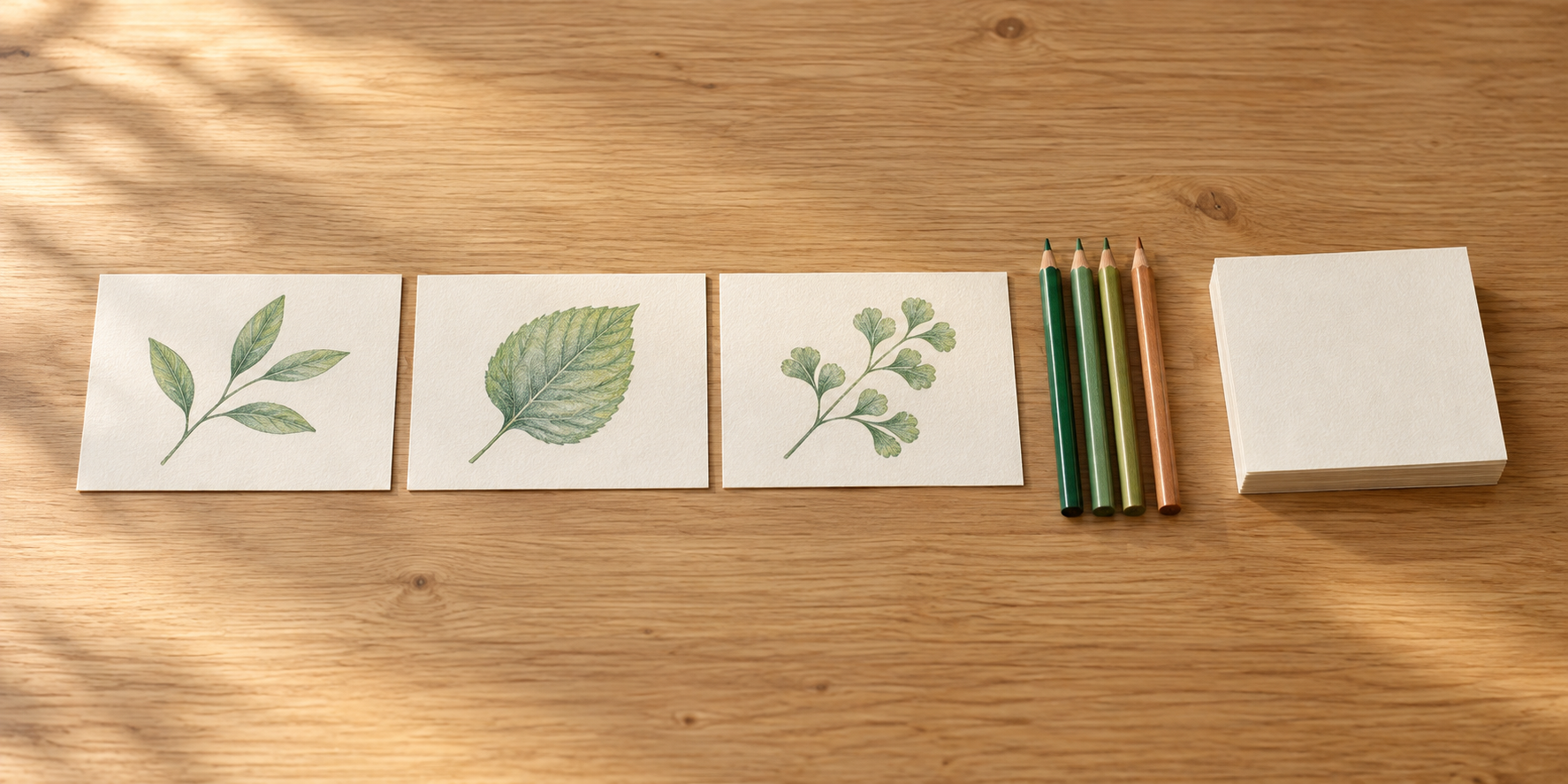 葉を描いた三枚のカードと、色鉛筆、まだ描いていない紙を木の机に並べている。