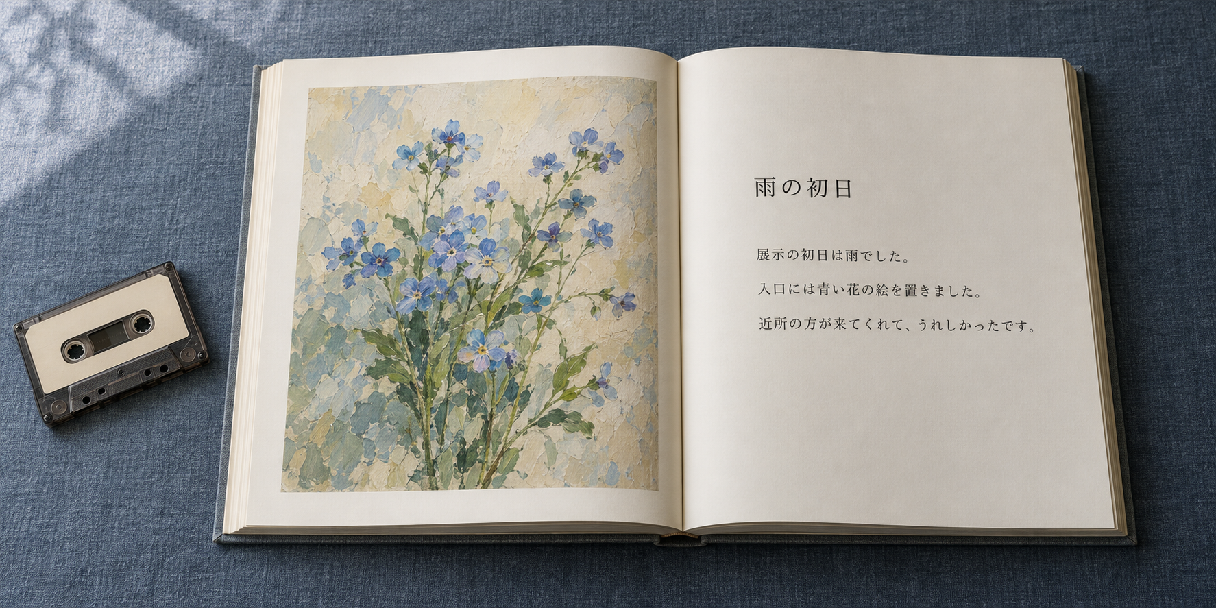青い花の絵と短い思い出の文章を組んだ見開きと、そばに置いたカセットテープ