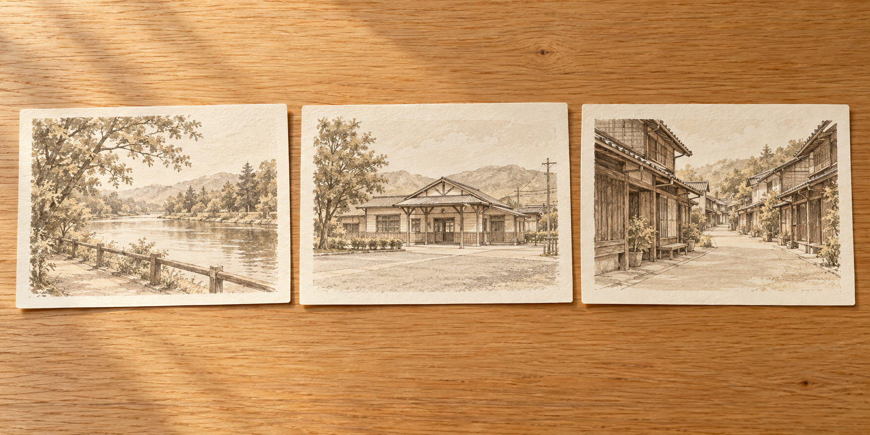 川沿い、小さな駅前、市場の通りをセピア色で描く三枚のカードを、木の机に並べている。
