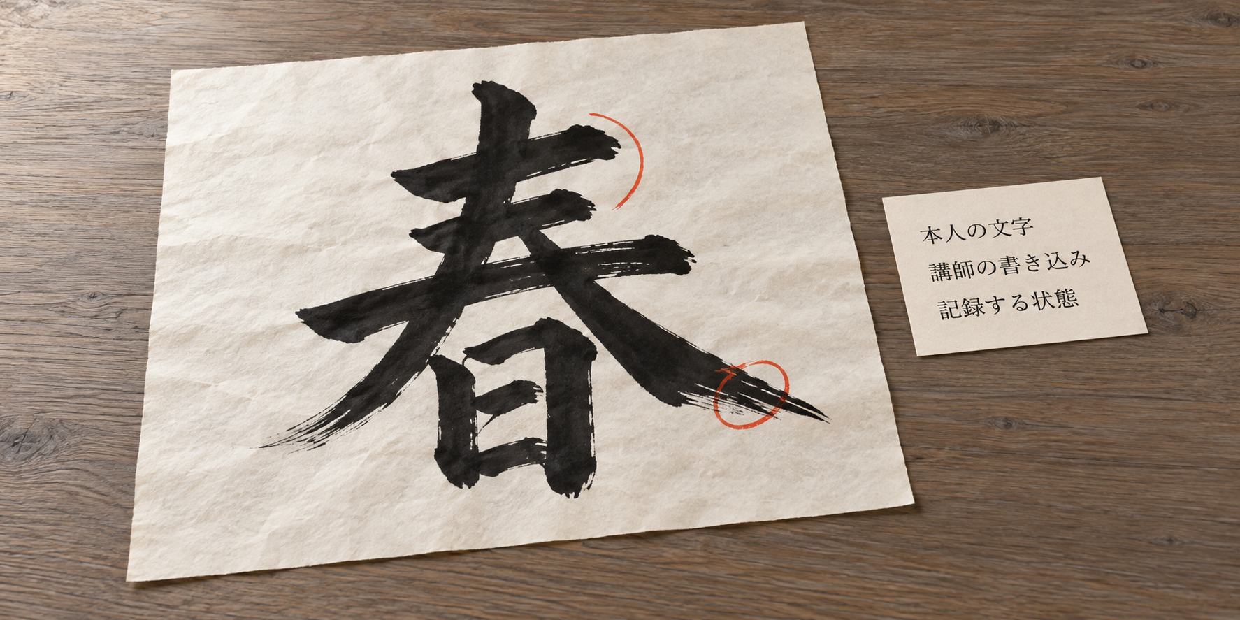 黒い春の筆文字に朱の線が重なる紙と、本人の文字・講師の書き込み・記録する状態の説明カード