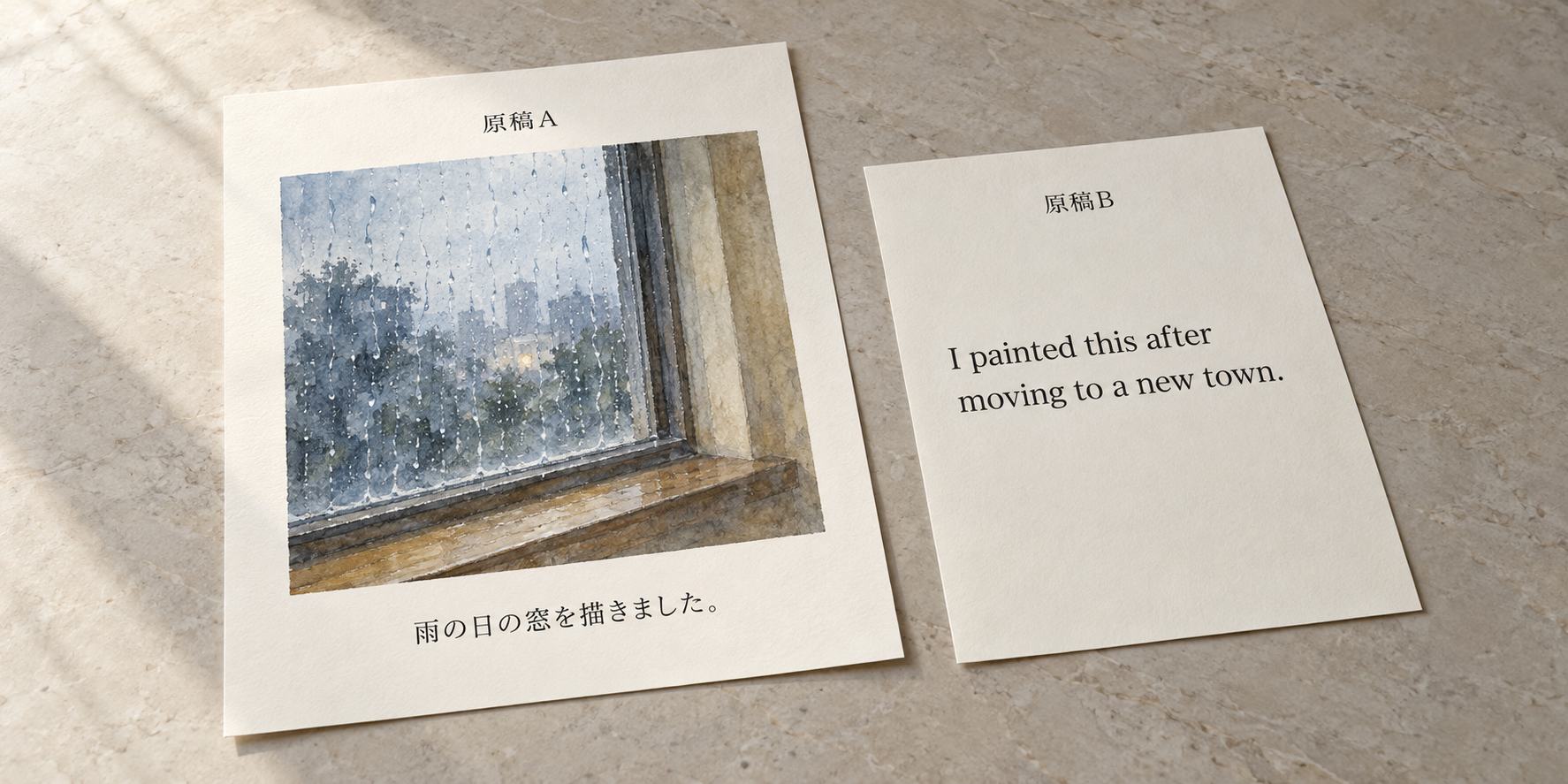 雨の窓の絵と日本語の一文がある原稿A、英語の一文がある原稿B