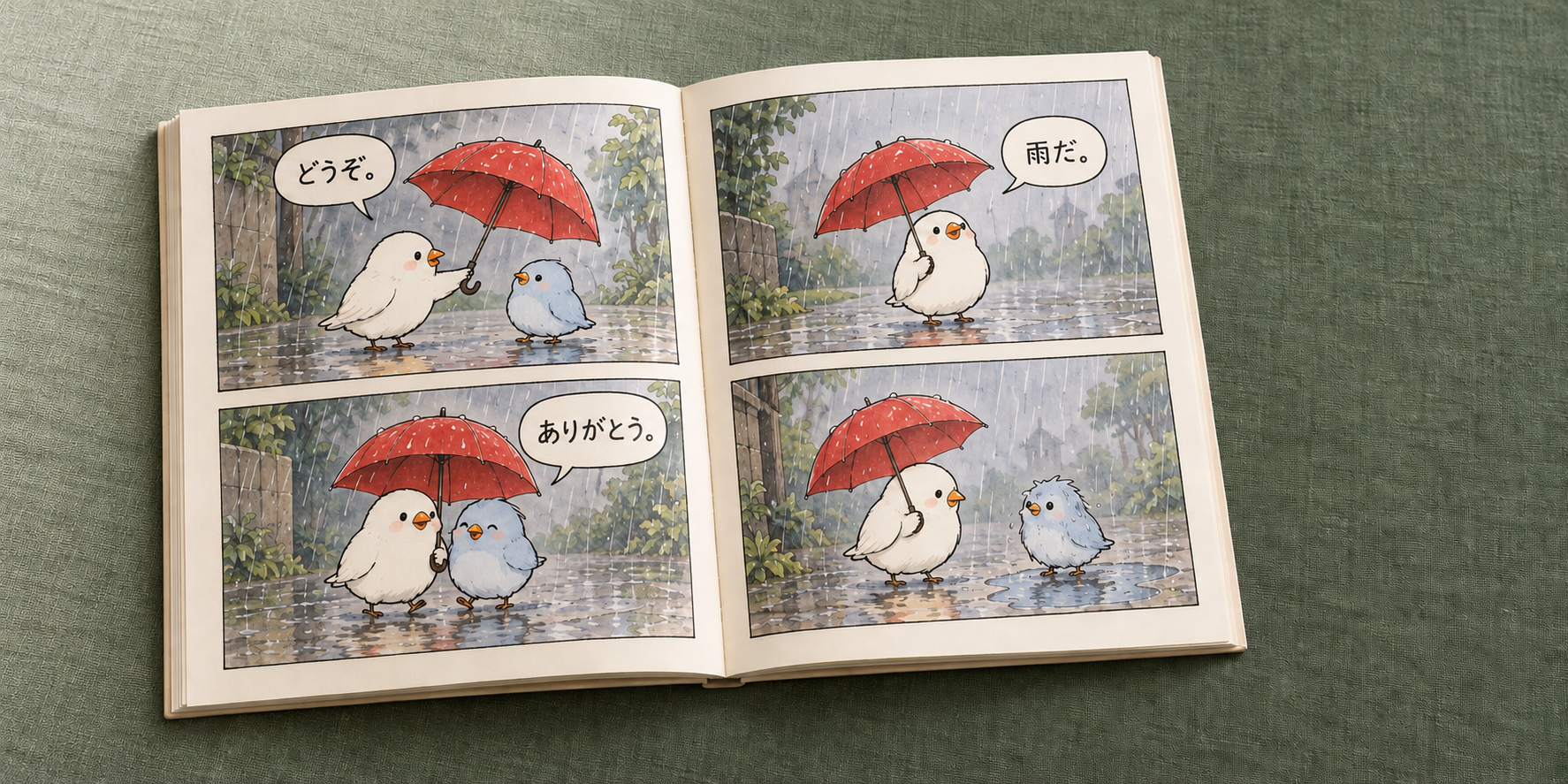 白と水色の小鳥が赤い傘を分け合う四コマを、左右のページに載せた開きの漫画本