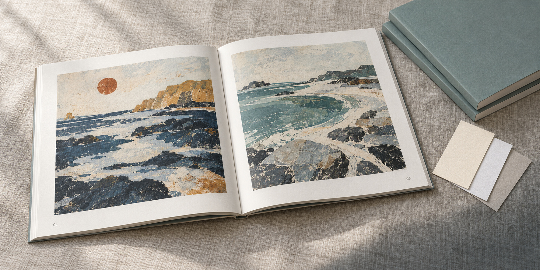 海辺を描いた二ページの作品集と、重ねた本、三枚の紙の候補