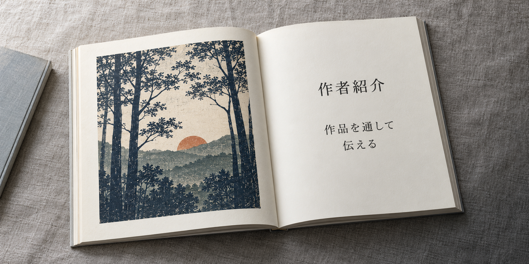 森の絵と『作者紹介、作品を通して伝える』を載せ、人物写真を置かない作品集