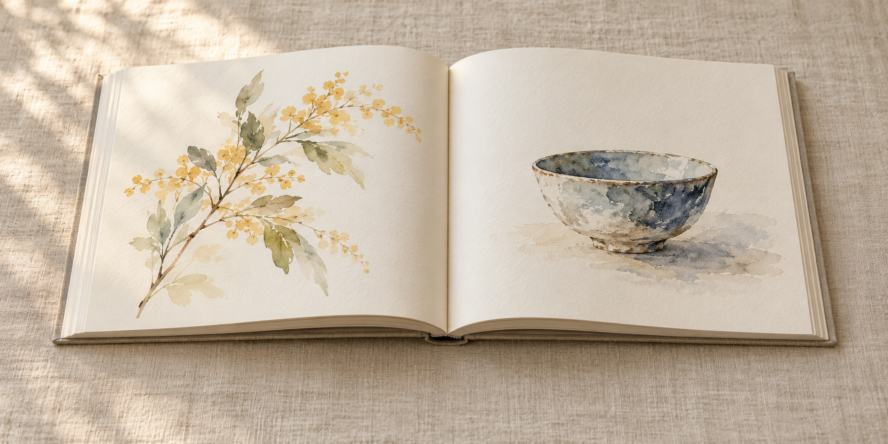 布の上で開いた本の左ページに黄花の枝、右ページに青灰の器の水彩画