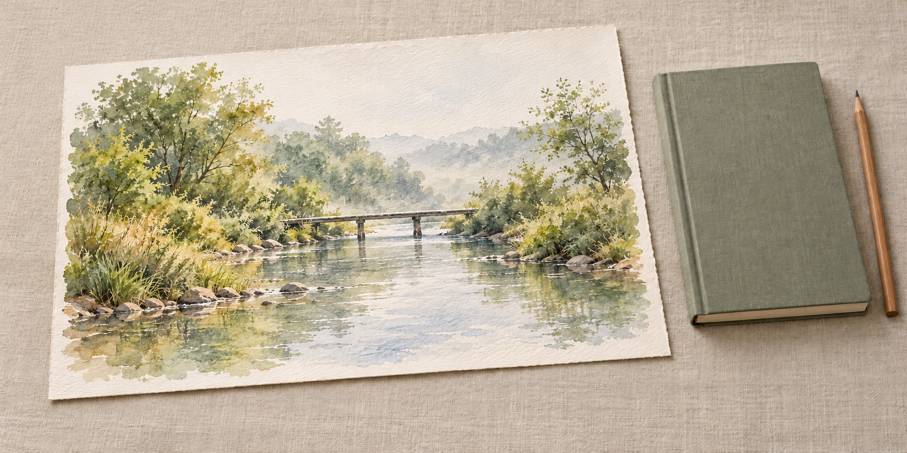 小さな橋のある川を描いた一枚の水彩画と、灰緑色の閉じたノート、鉛筆