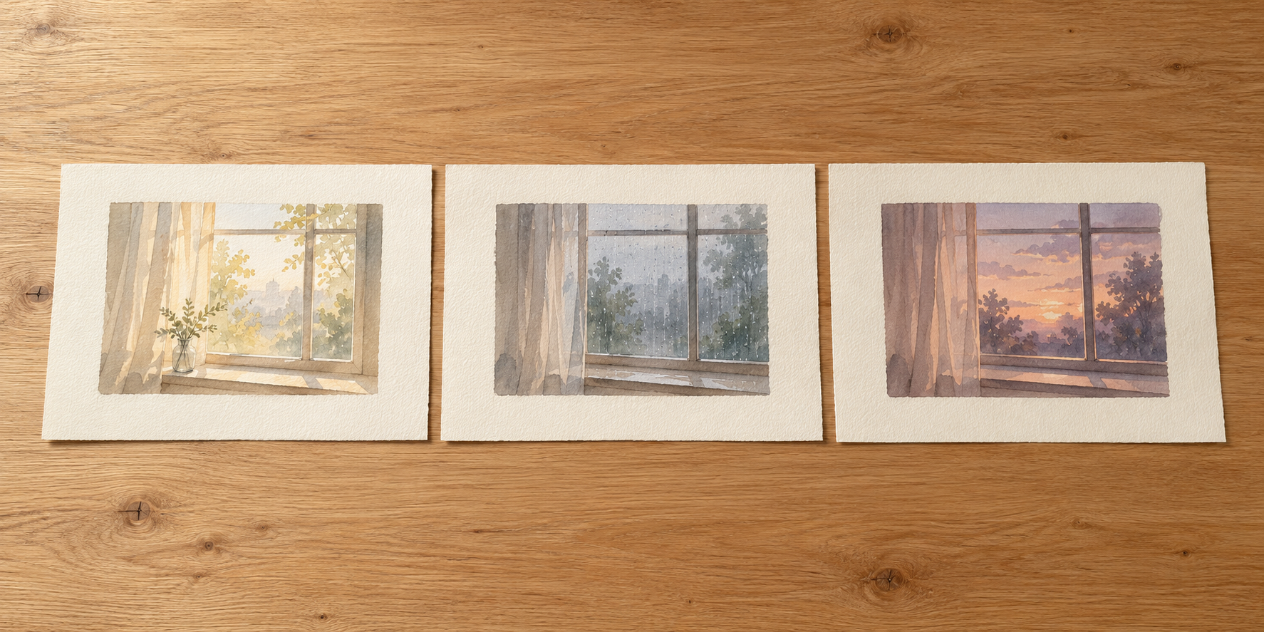 朝・雨・夕の窓辺を描いた三枚の絵を、木の机に離して並べている。