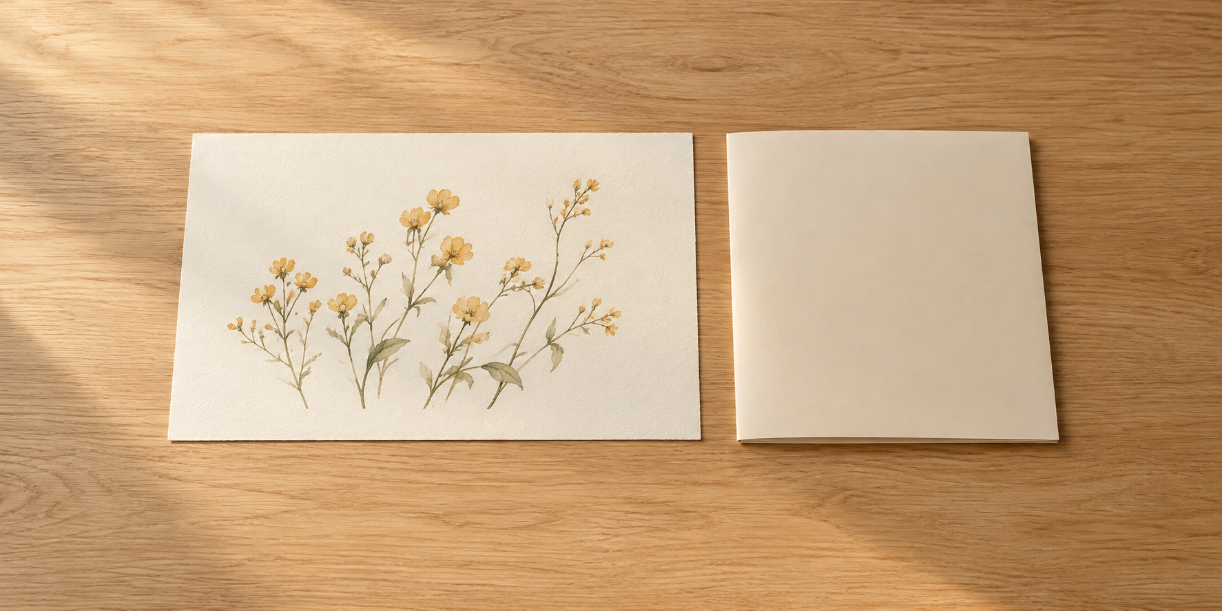 野の花を描いた一枚の水彩画と、閉じた無地のフォルダーを木の机に並べている。