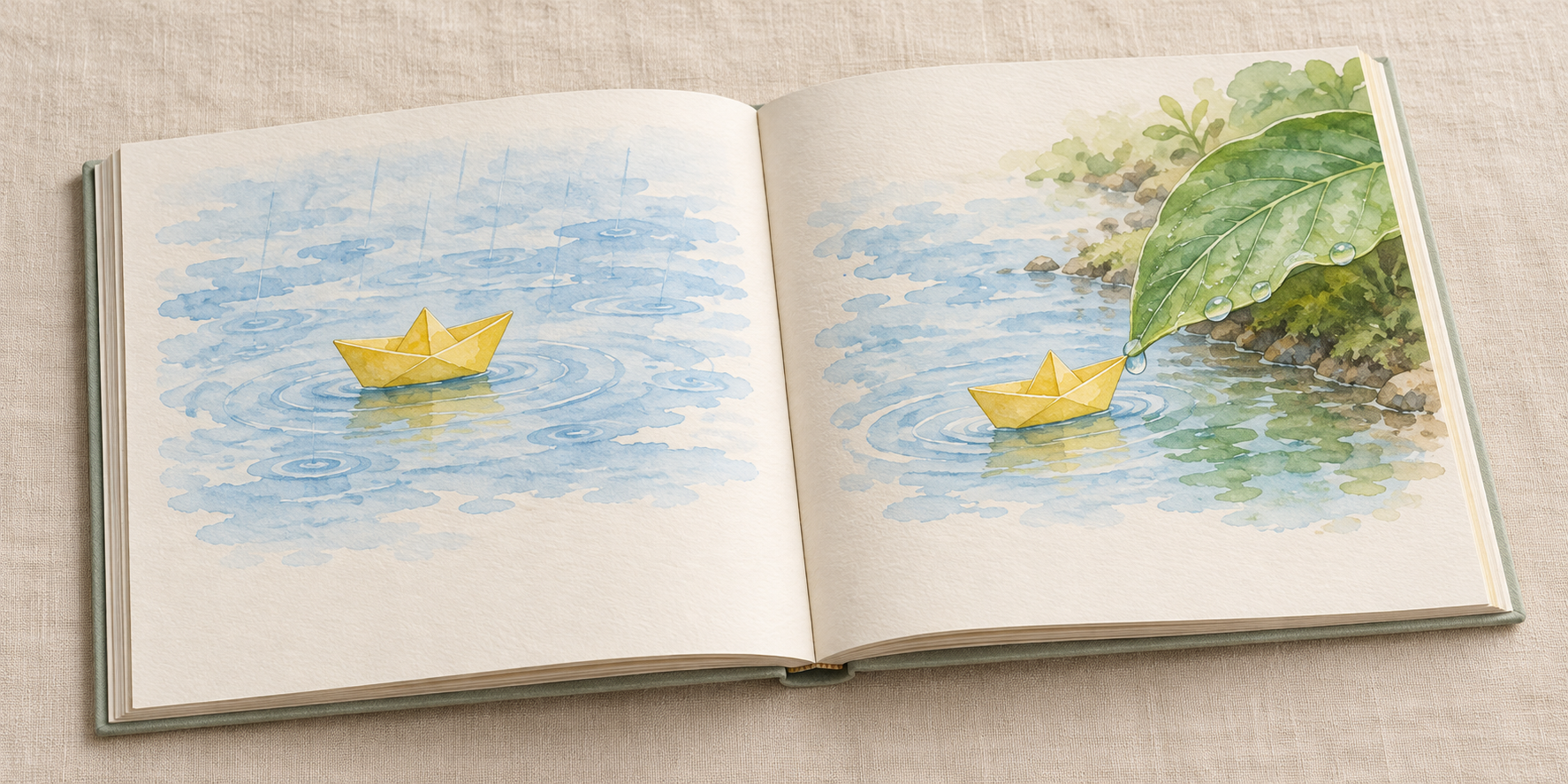 開いた絵本の左ページに水に浮かぶ黄色い紙舟、右ページに緑の葉先へ近づく紙舟が描かれている