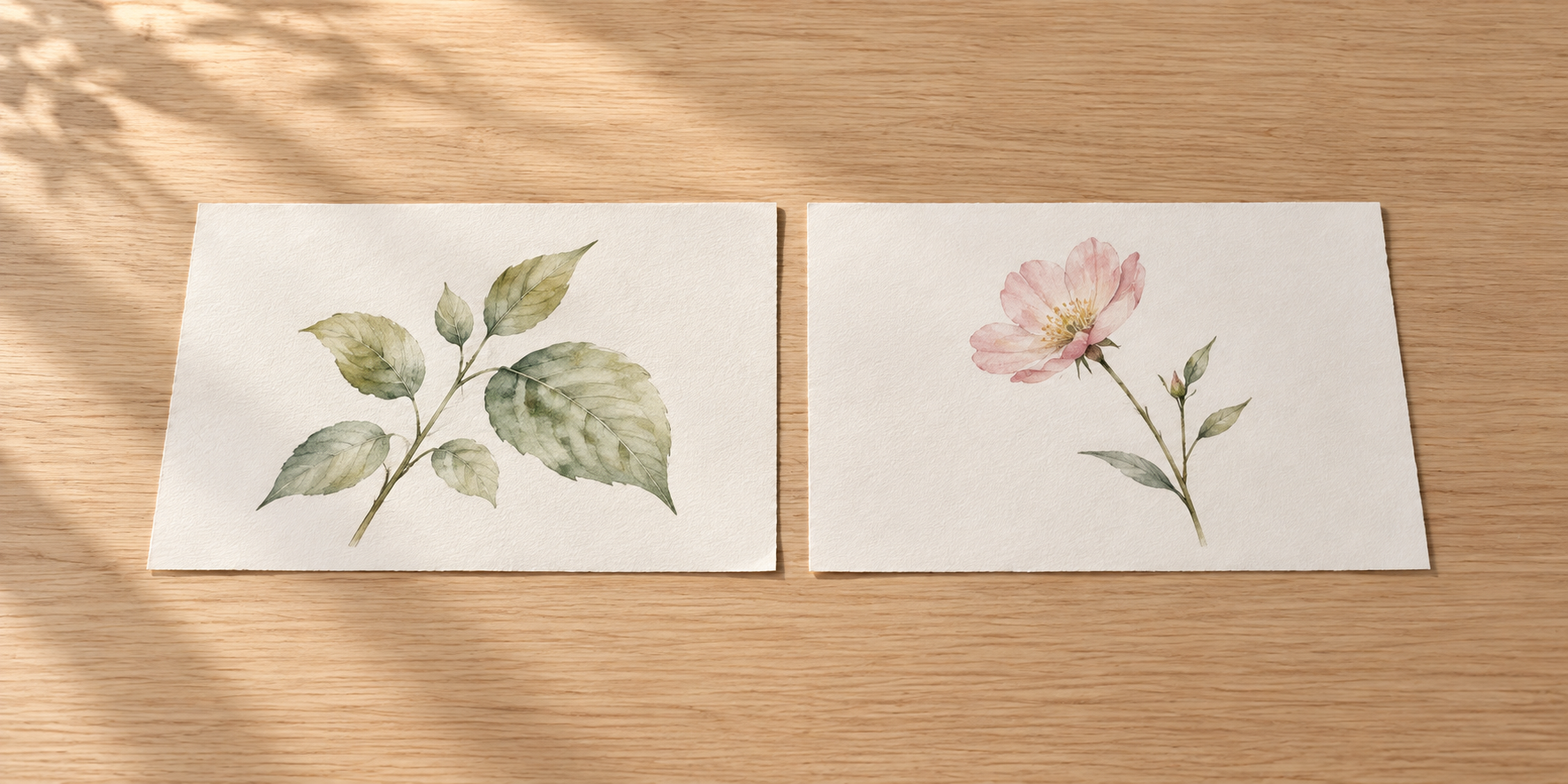 葉の線と淡い花を描いた二枚の紙を、木の机に離して並べている。