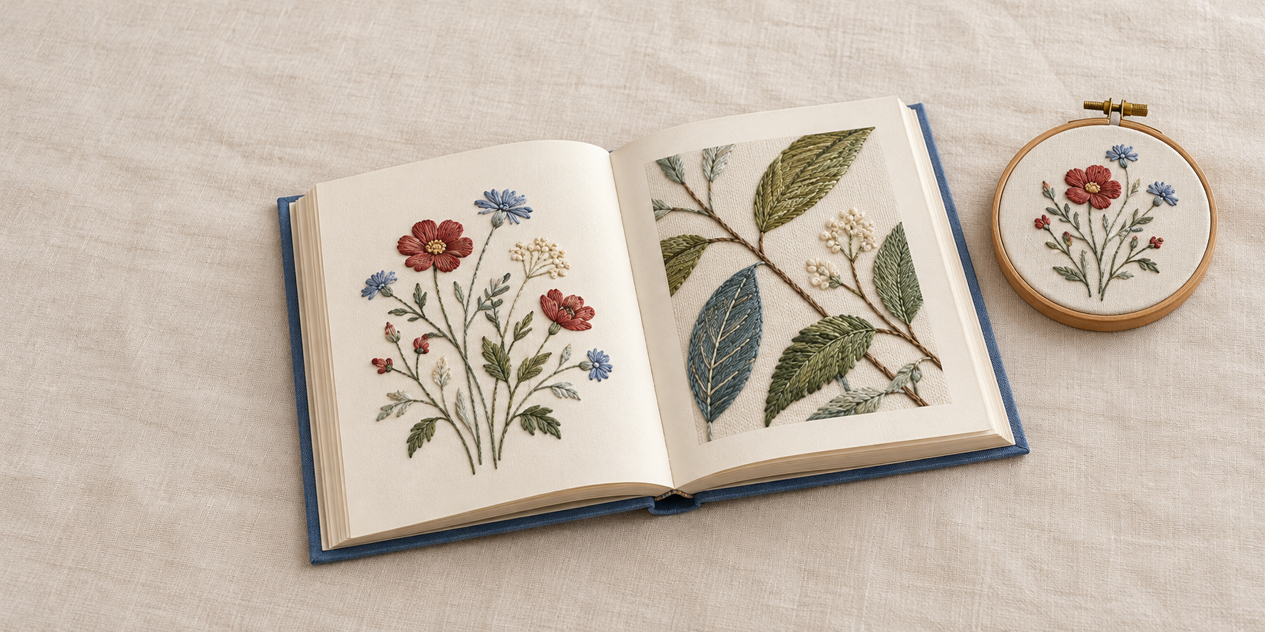 花と葉の刺しゅうの絵を載せた開いた本と、赤や青の花を刺した木製の枠が布の上に置かれている