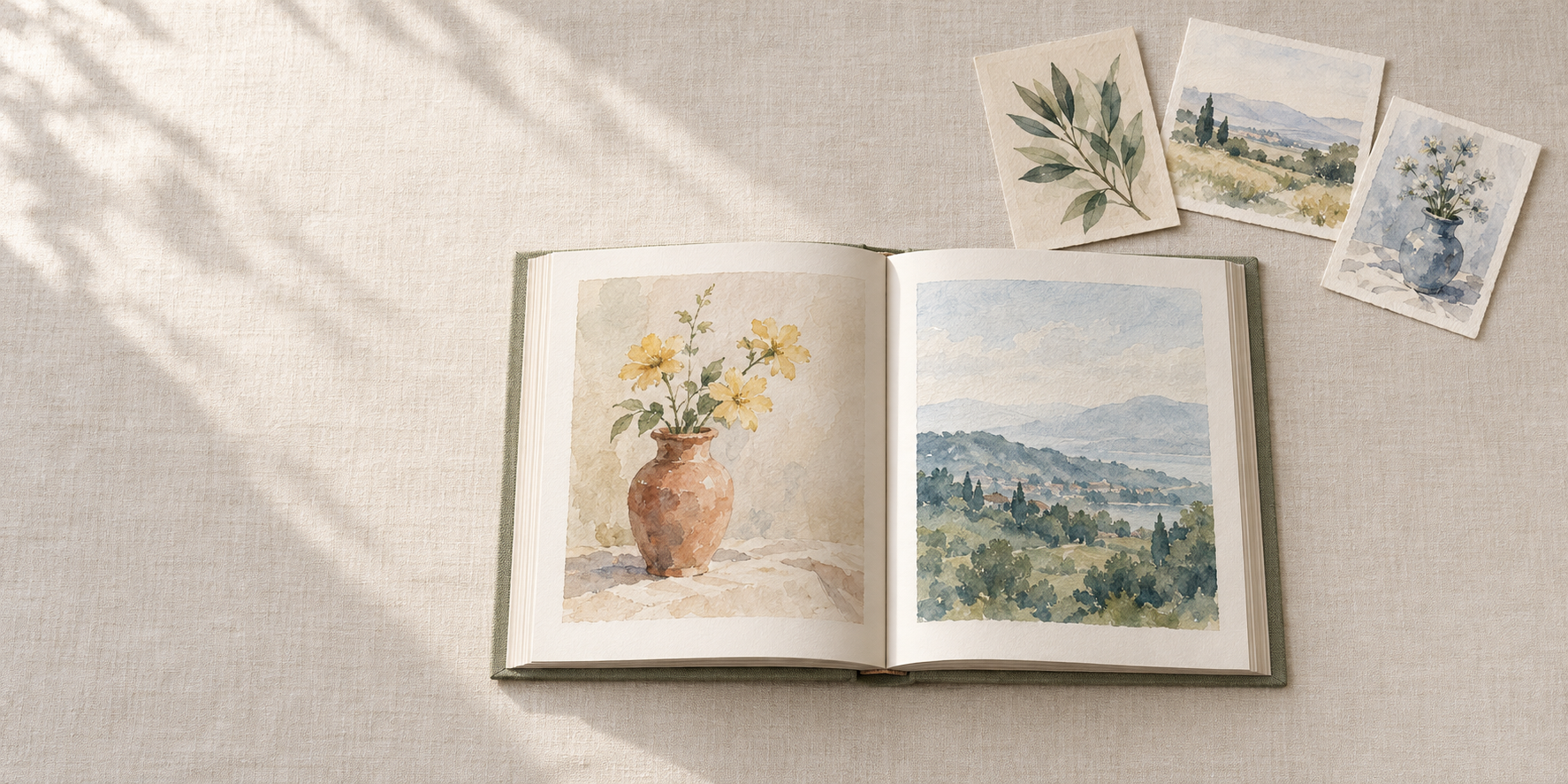 黄花と風景の水彩を載せた開いた本と、葉・風景・青い器を描いた三枚の小さな作品カード