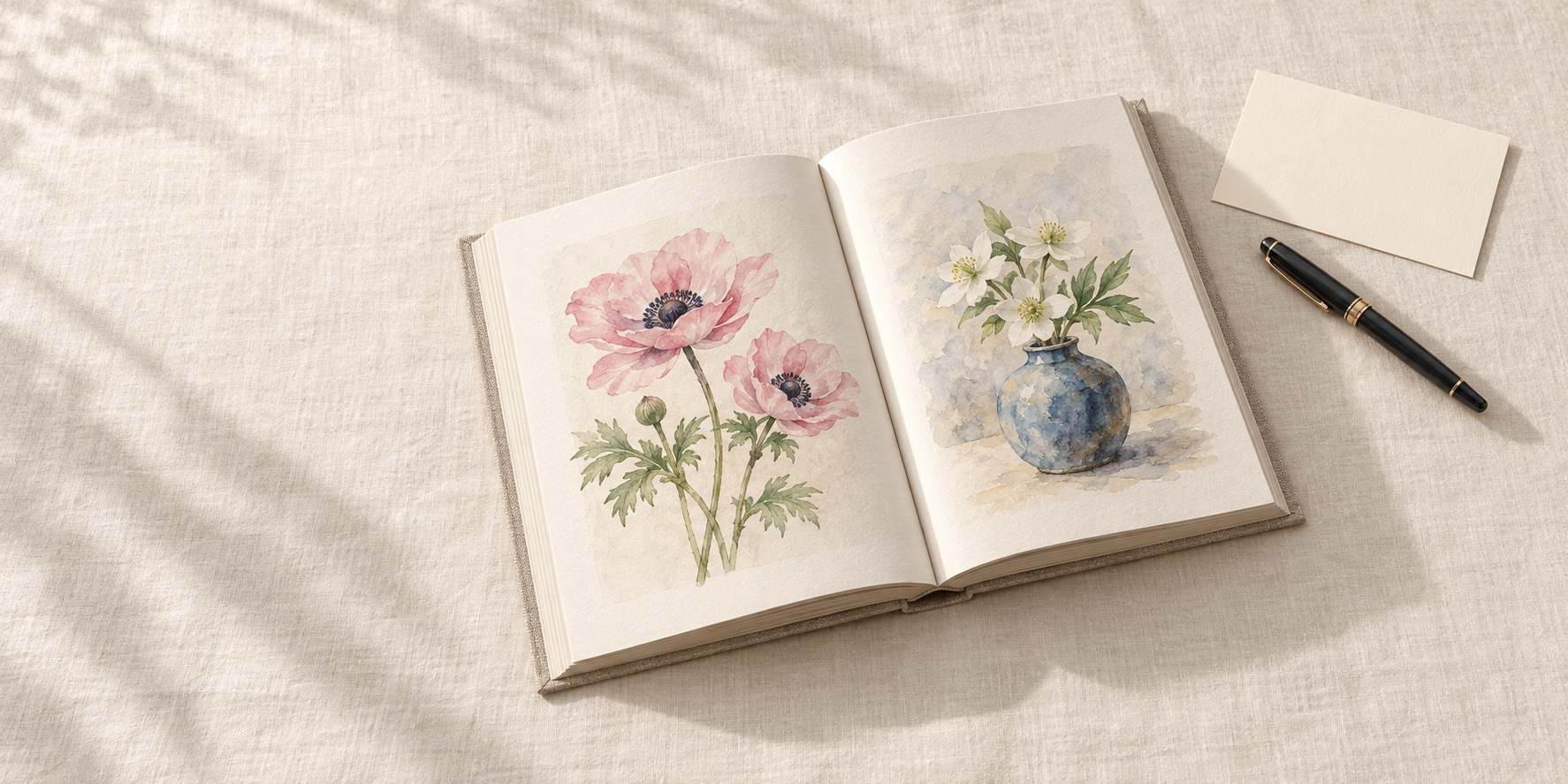 ピンクの花と青い器の水彩を載せた開いた本、無記名のカードと閉じた黒いペン