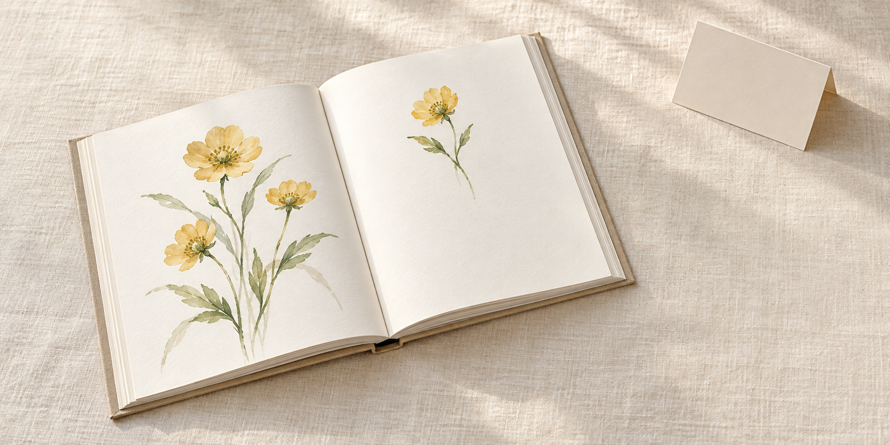 黄土色の花と緑の葉の水彩を載せた開いた本と、無記入の折りカード