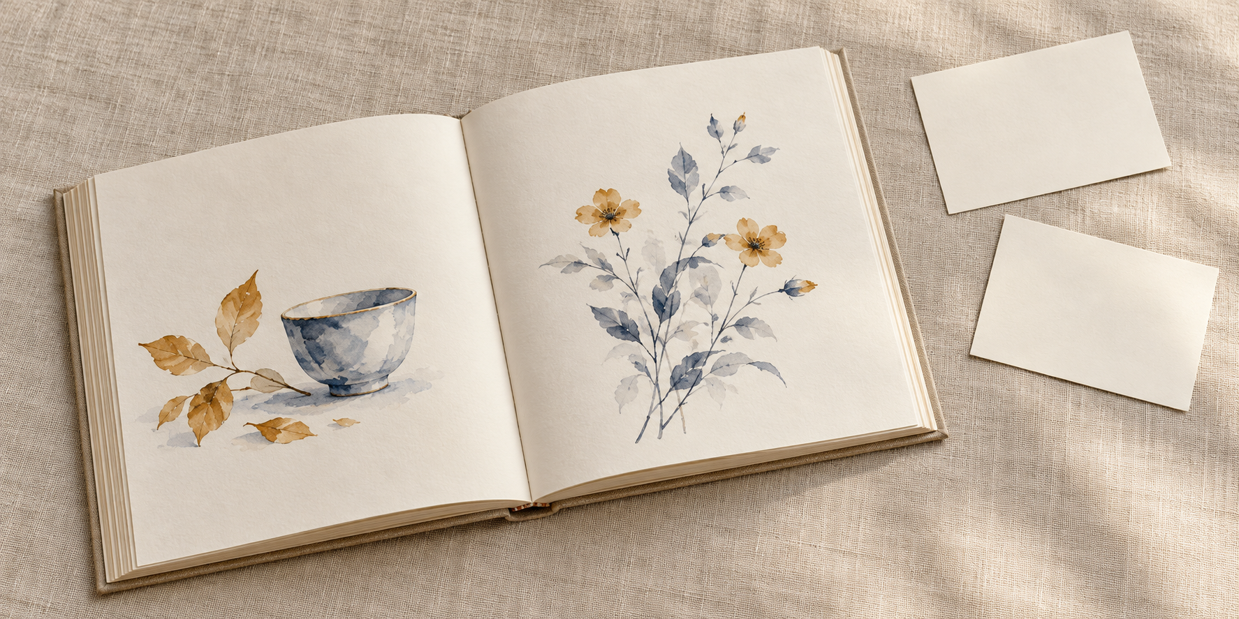茶器と黄土の葉、灰青の草花の水彩を載せた開いた本と、無記入の二枚のカード