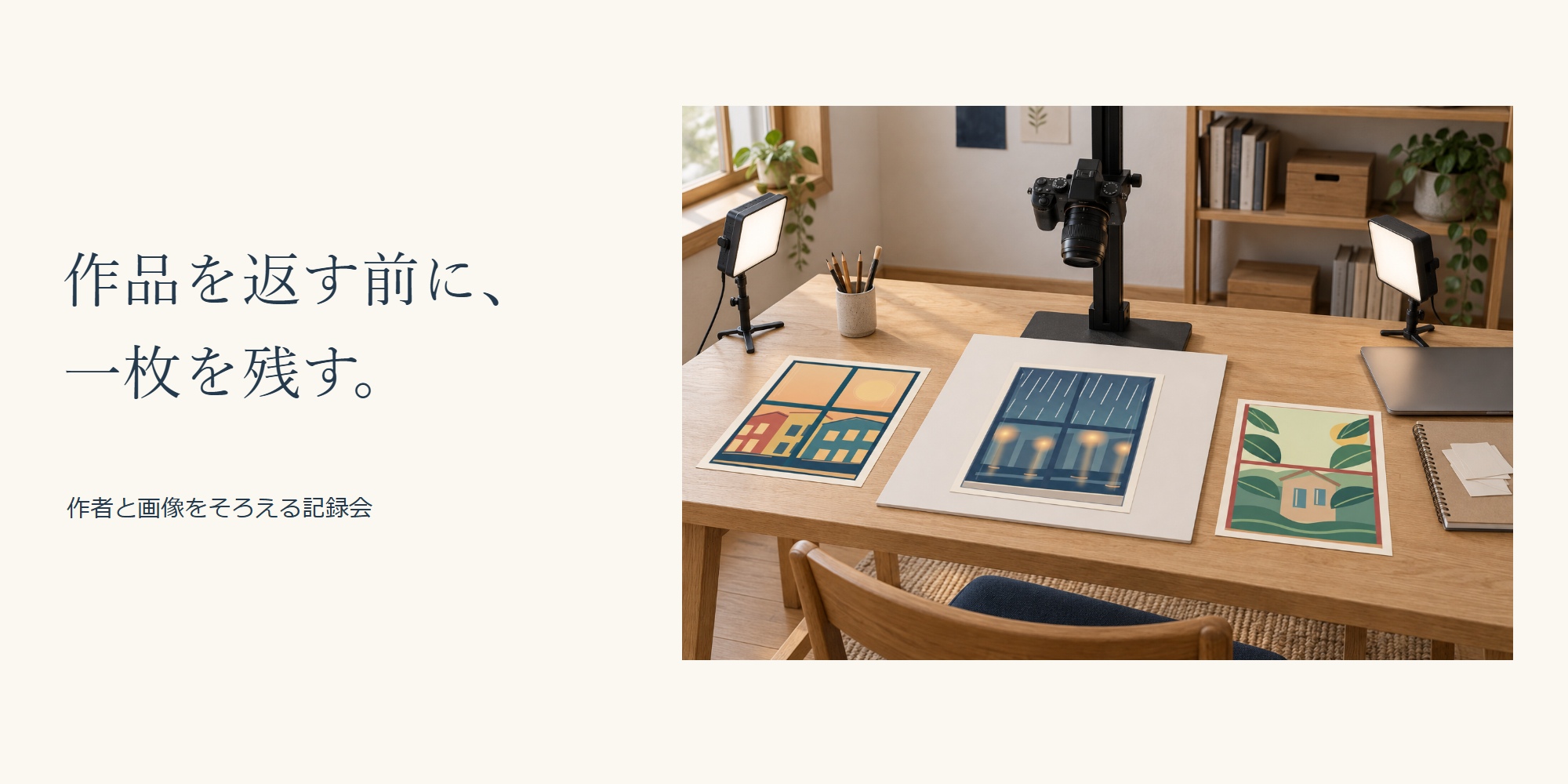 「作品を返す前に、一枚を残す。」「作者と画像をそろえる記録会」の見出しと、机に置く三つの窓の作品、カメラと左右の照明。