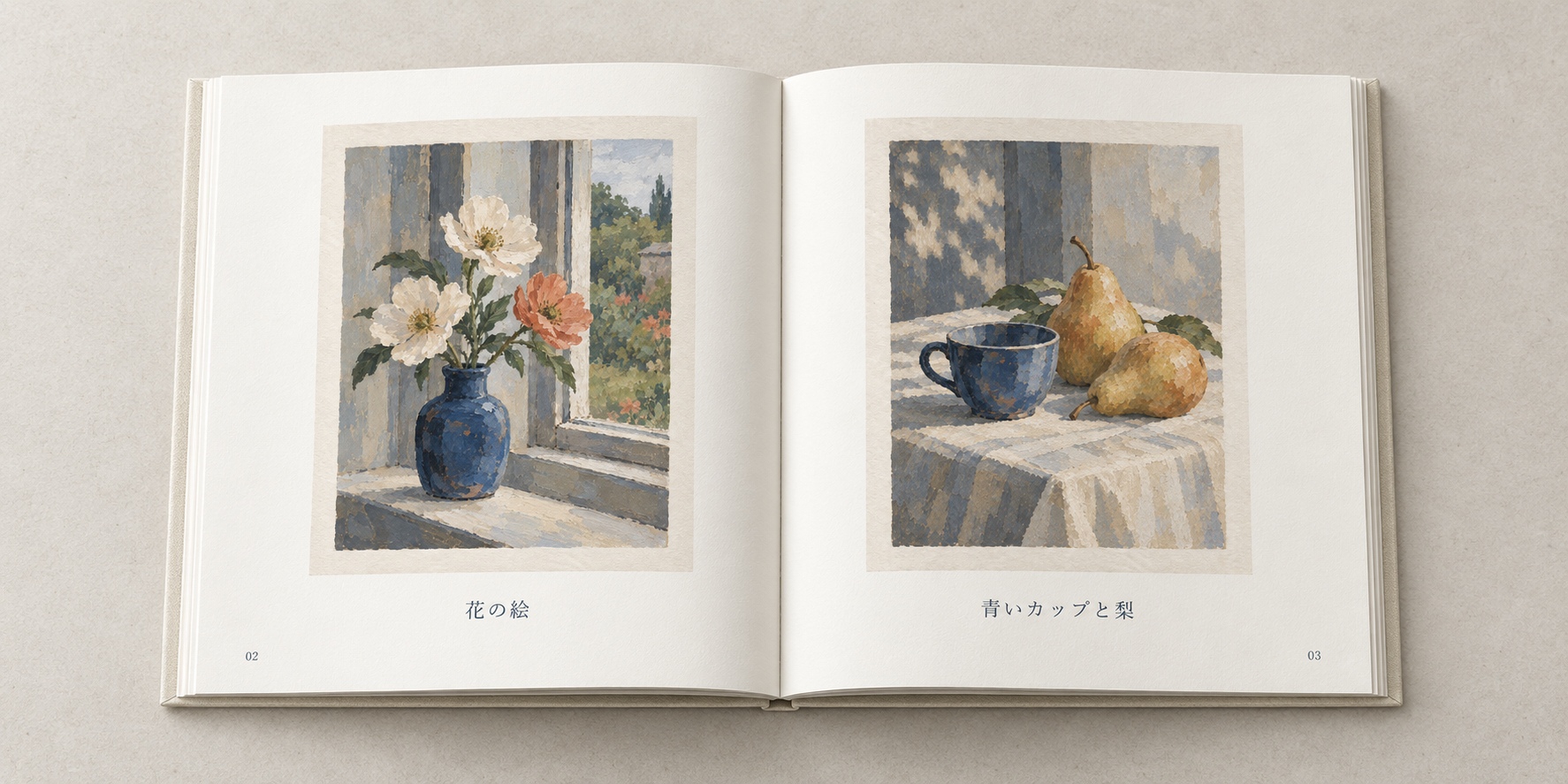 明るい机の上で開いた作品集。左に花の絵、右に青いカップと梨を置き、紙の四辺と短い呼び名を余白の中に見せる。