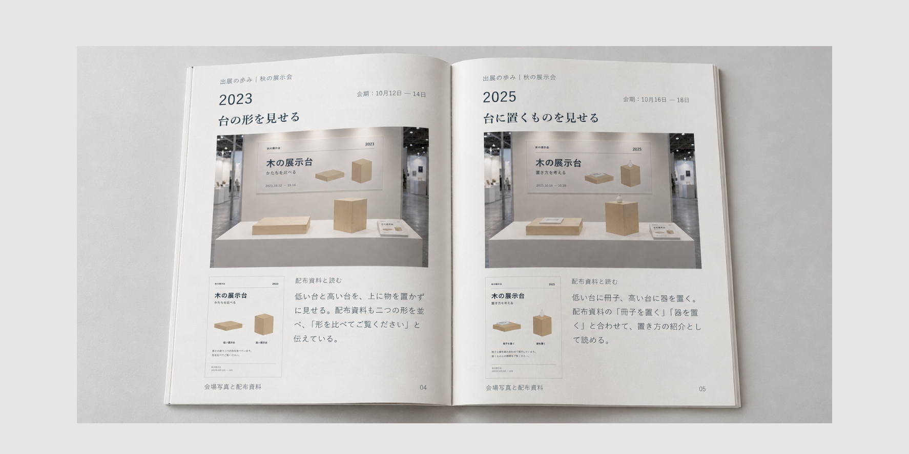 2023年と2025年の会場写真・配布資料・短い説明を左右の頁に載せた、開いた社内共有冊子の構成案。