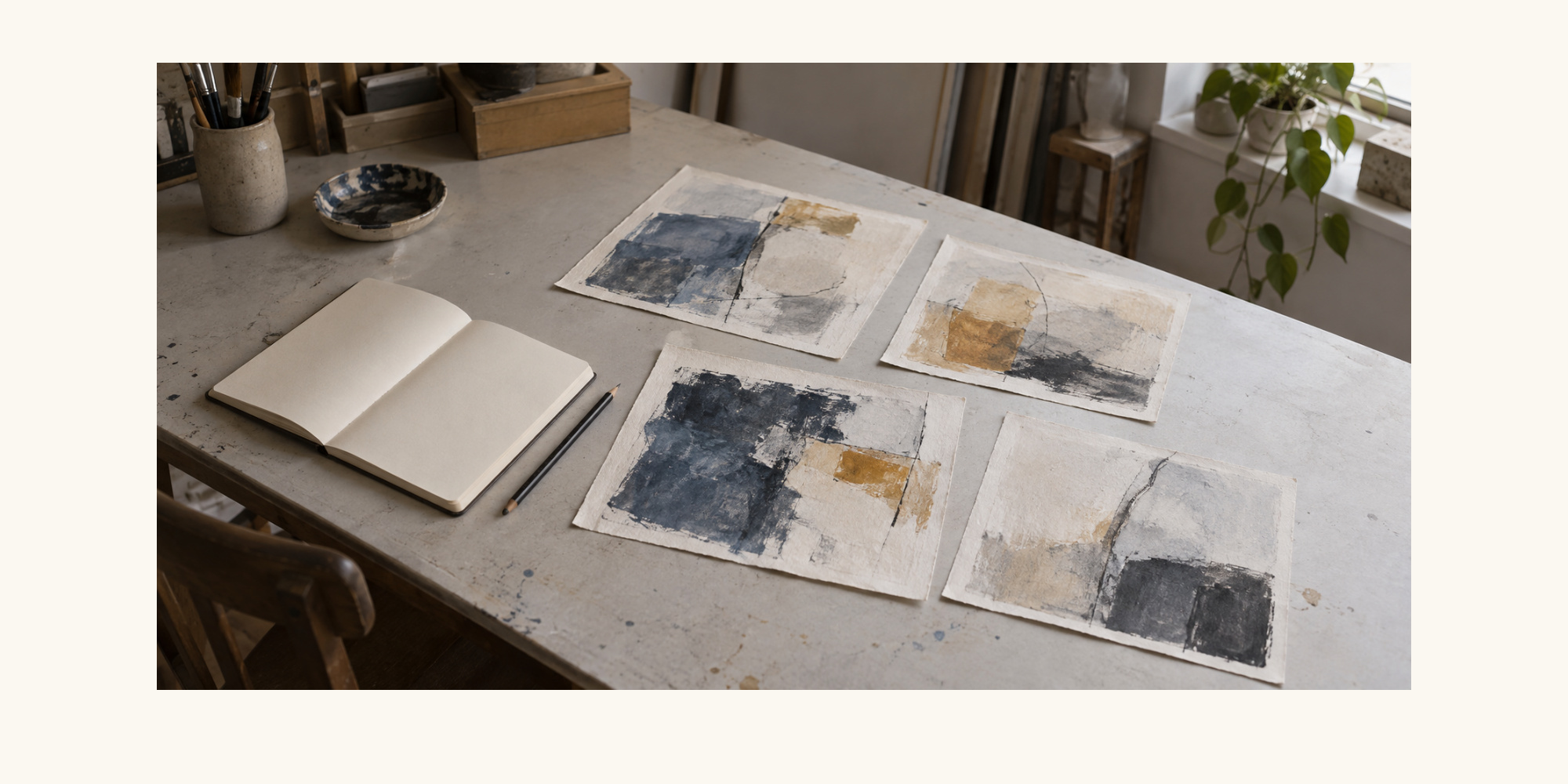 制作室の机に並べた四枚の絵と、開いたノート。