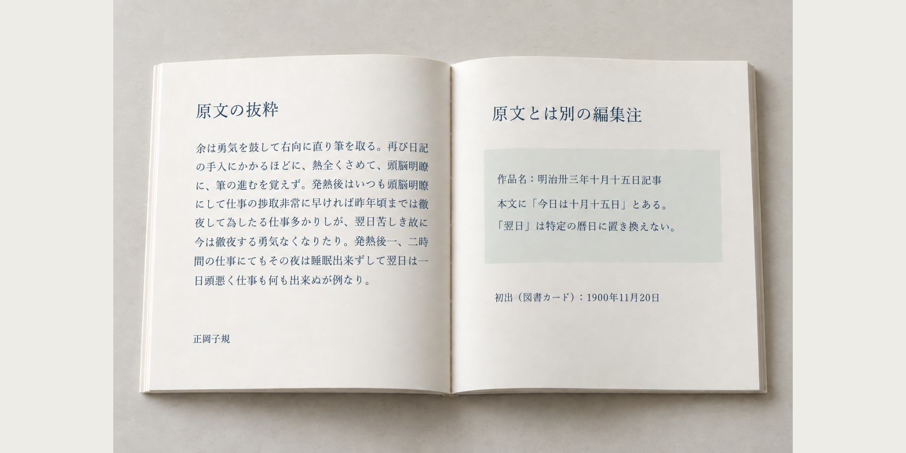 正岡子規の原文を左頁、原文とは別の編集注を右頁に置いた冊子の紙面案。見開き全体と綴じ、広い余白が見える。