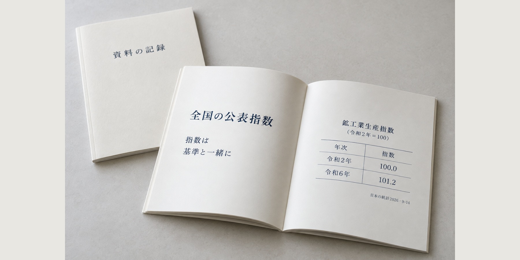 全国の鉱工業生産指数の二年分と基準注を同じ見開きに置いた冊子の案