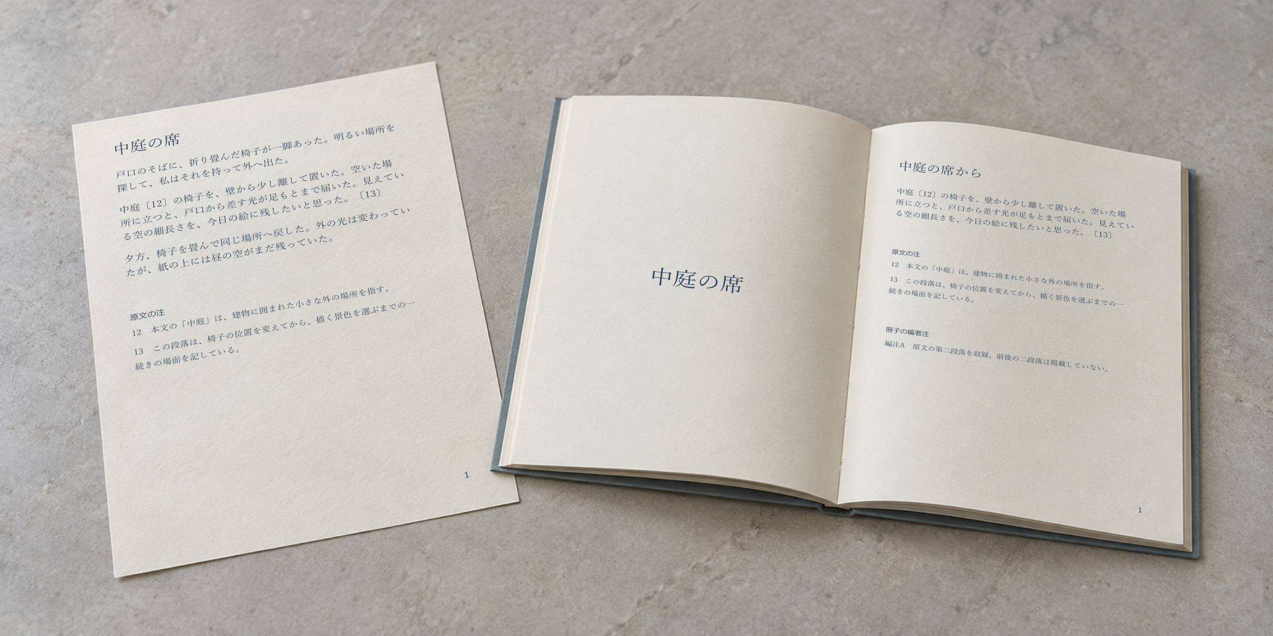 原稿一枚に三段落と原注12・13があり、隣の薄い冊子には第二段落と同じ原注、別欄の編注Aを載せている。