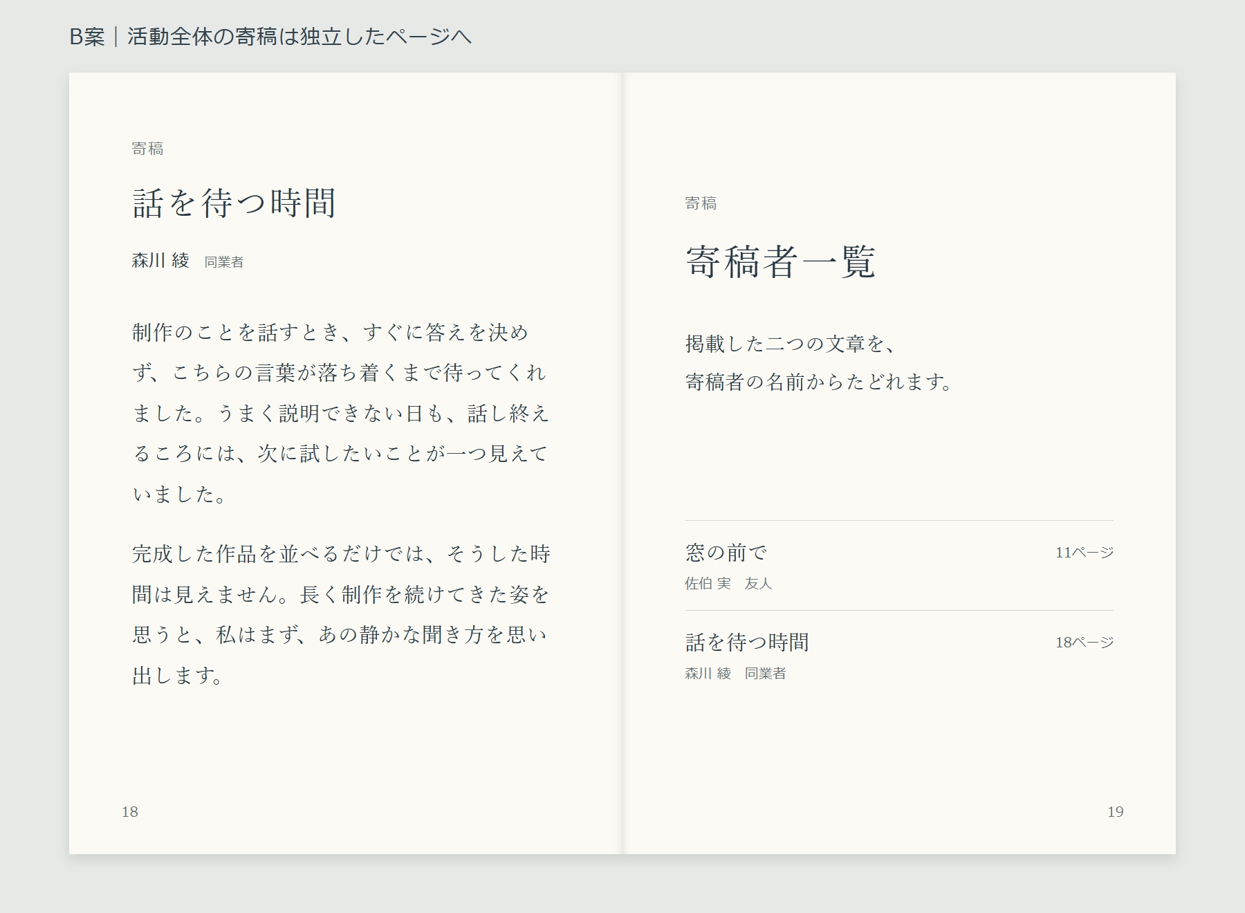 B案の18・19ページ。左に話を待つ時間の全文、右に佐伯実の窓の前でを11ページ、森川綾の話を待つ時間を18ページへ案内する寄稿者一覧を載せた見開き。