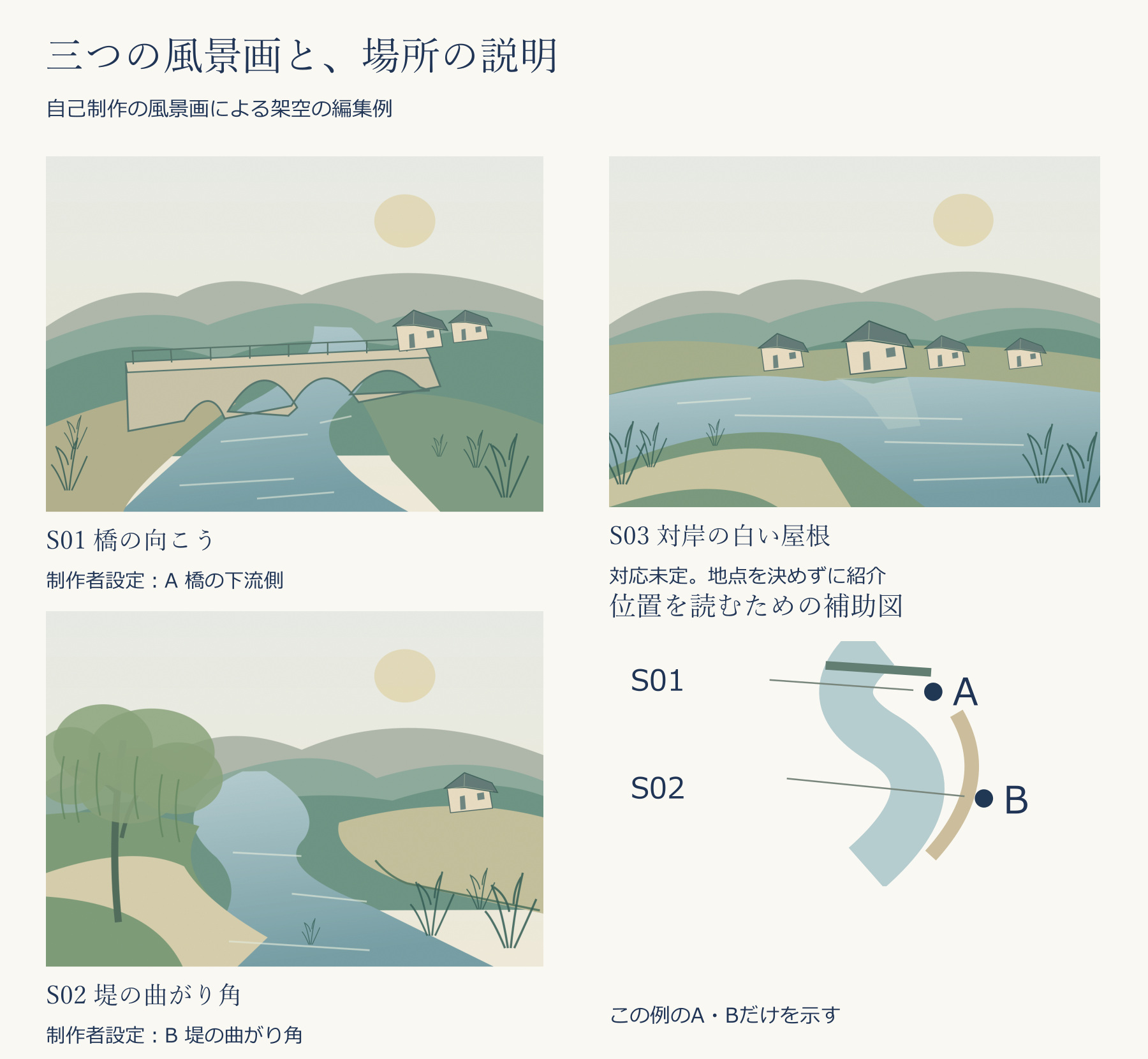 川辺の三景の全図と、別に描いた架空の補助位置図。S01橋の向こうは制作者設定の地点A、S02堤の曲がり角は地点Bに対応し、S03対岸の白い屋根は対応未定。補助図にはAとBだけを示している。