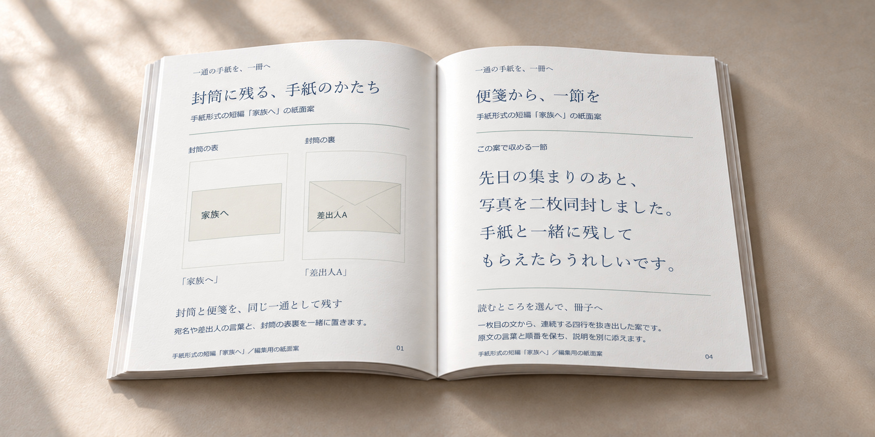 短編「家族へ」の封筒を並べたページと、原文四行を収めたページを開いた冊子の紙面案。
