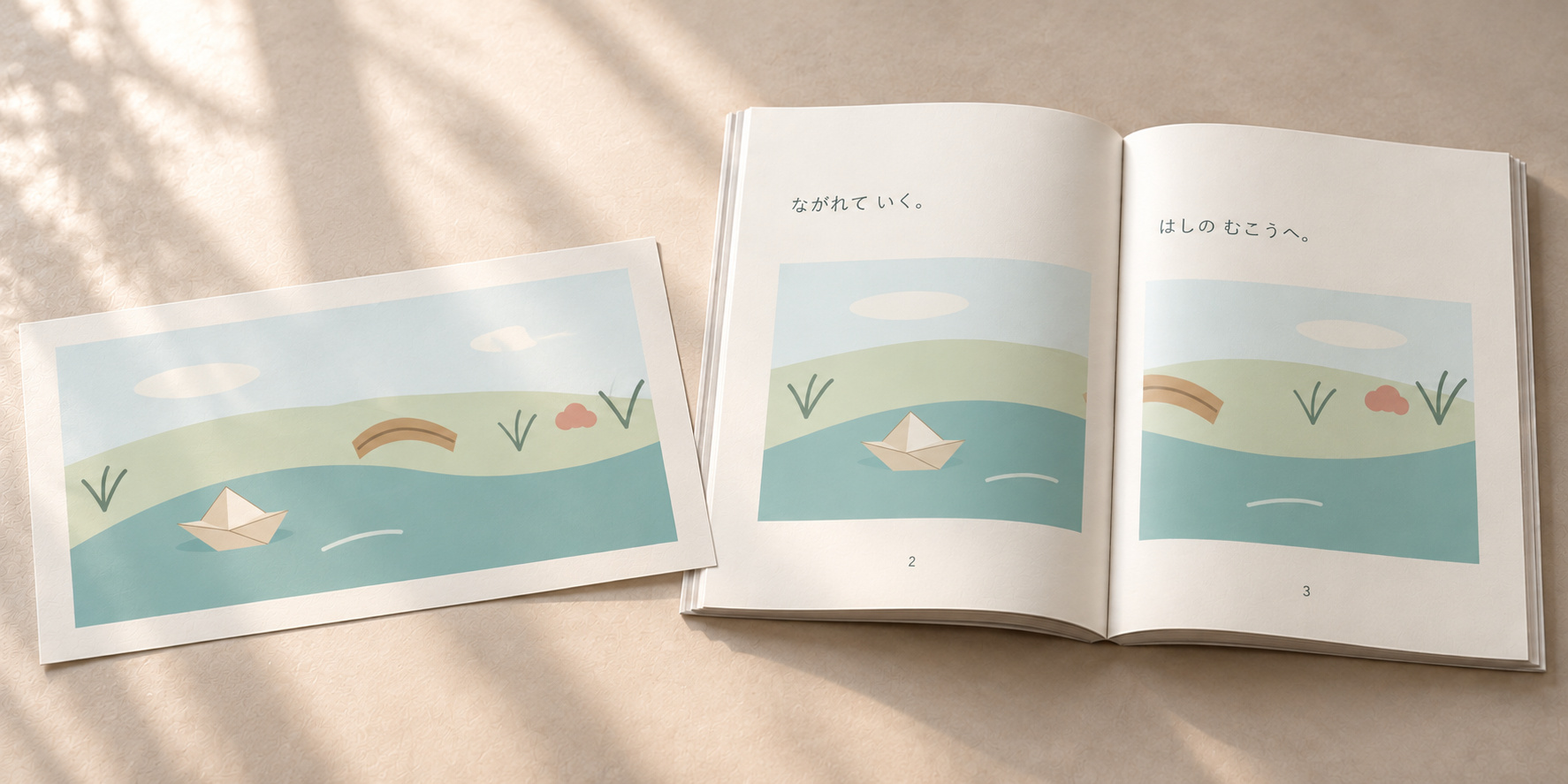 原画「はしのむこう」の全体と、同じ絵を使う絵本の二ページを並べた案