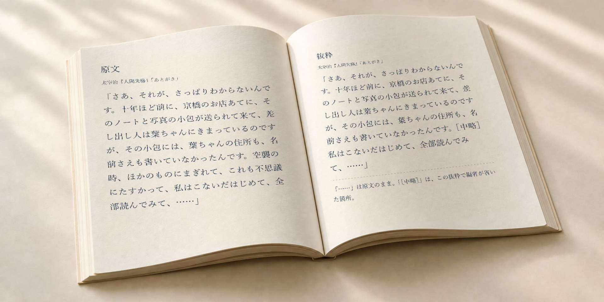 太宰治『人間失格』の原文と、［中略］を入れた抜粋を並べた見開き