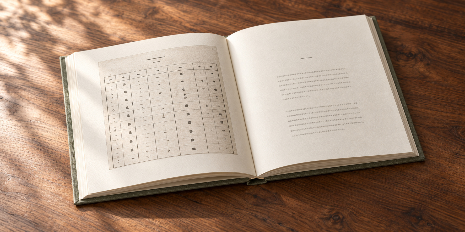 木の机に開いた、古い表と文章をまとめる冊子の編集イメージ